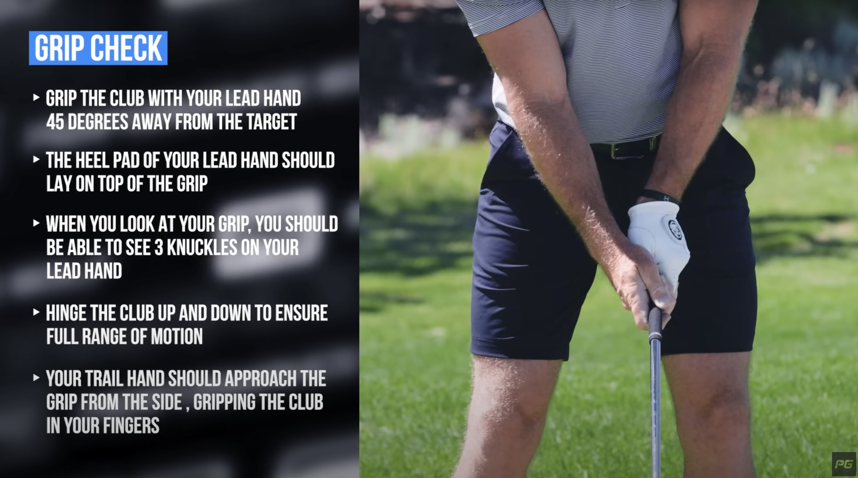 Golf coach holding the golf club with measurable checkpoints for the golf grip.