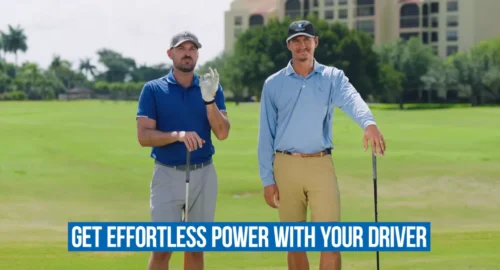 Performance Golf coaches on the golf course, with text over the bottom of the photo that says “get effortless power with your driver.”