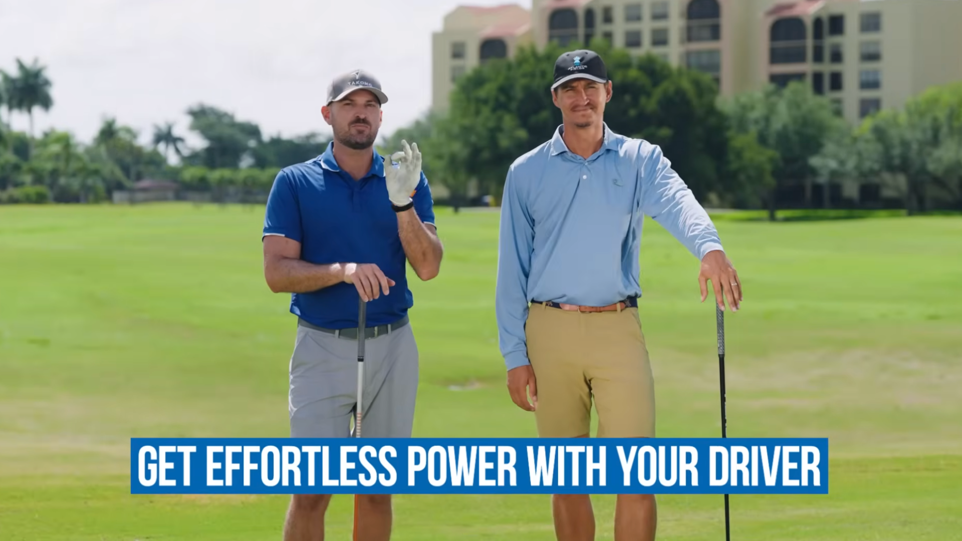 Performance Golf coaches on the golf course, with text over the bottom of the photo that says “get effortless power with your driver.”