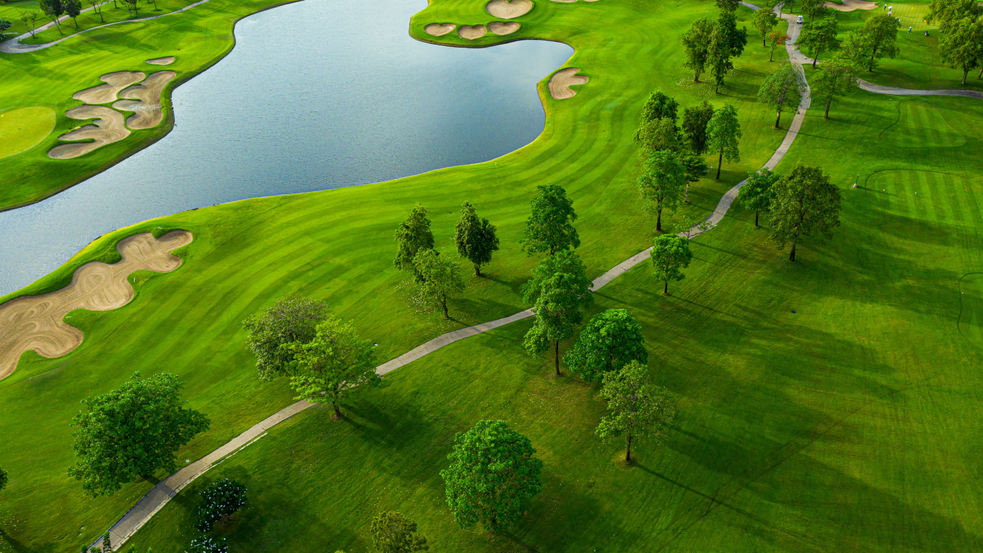 An aerial view of a golf course, with a winding path, trees, bunkers and water features.