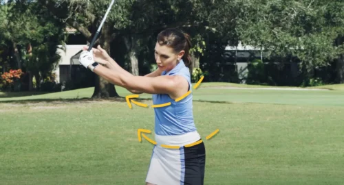Performance Golf coach Erika Larkin showcasing the proper swing momentum to gain power and distance with minimal effort.