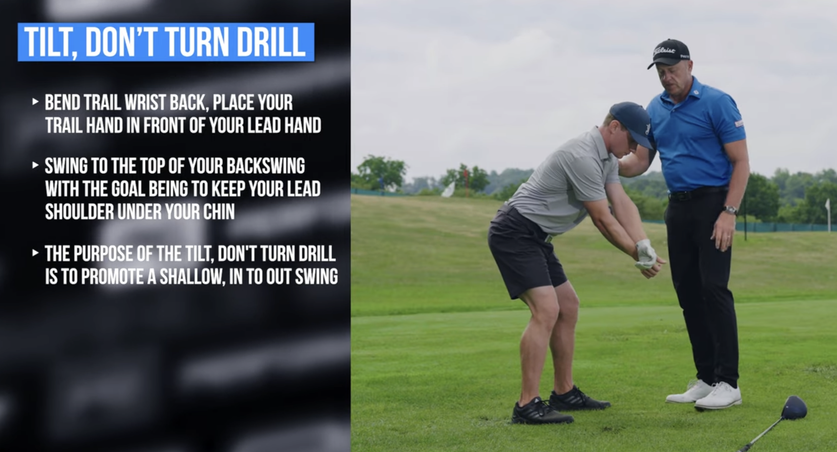 Performance Golf coach showing a golf student how to align their grip for a tilt, dont’ turn drill to promote a shallow in-to-out swing.