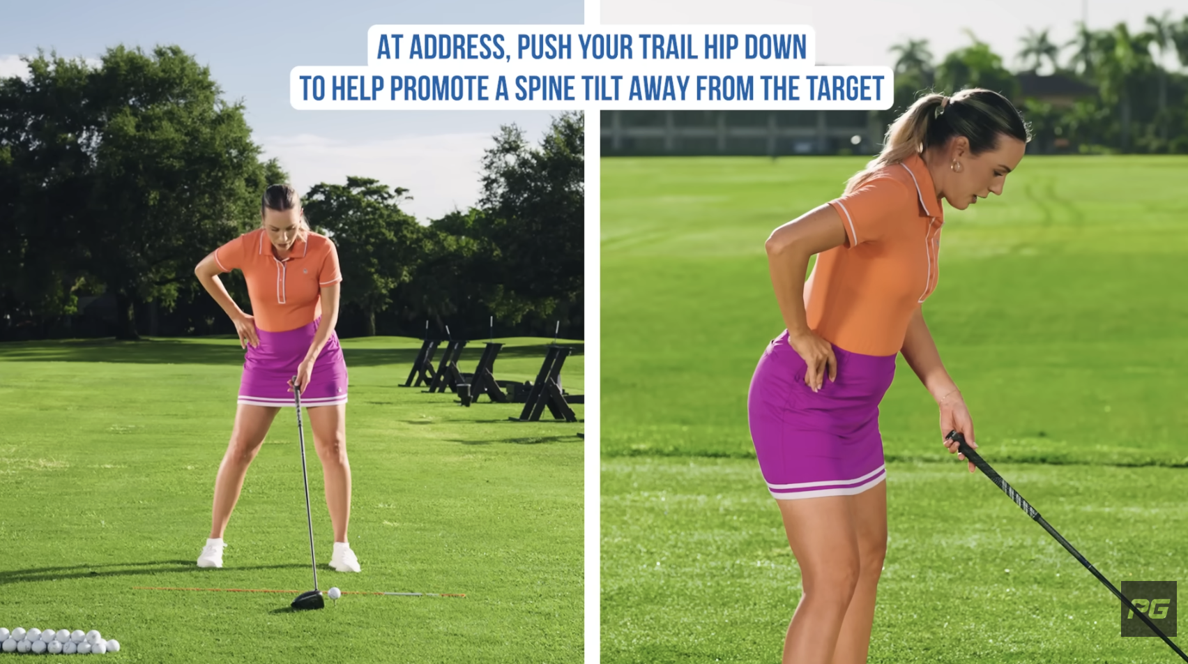 Performance Golf coach setting up the golf swing with an alignment stick and one hand on their hip to show the proper hip alignment.