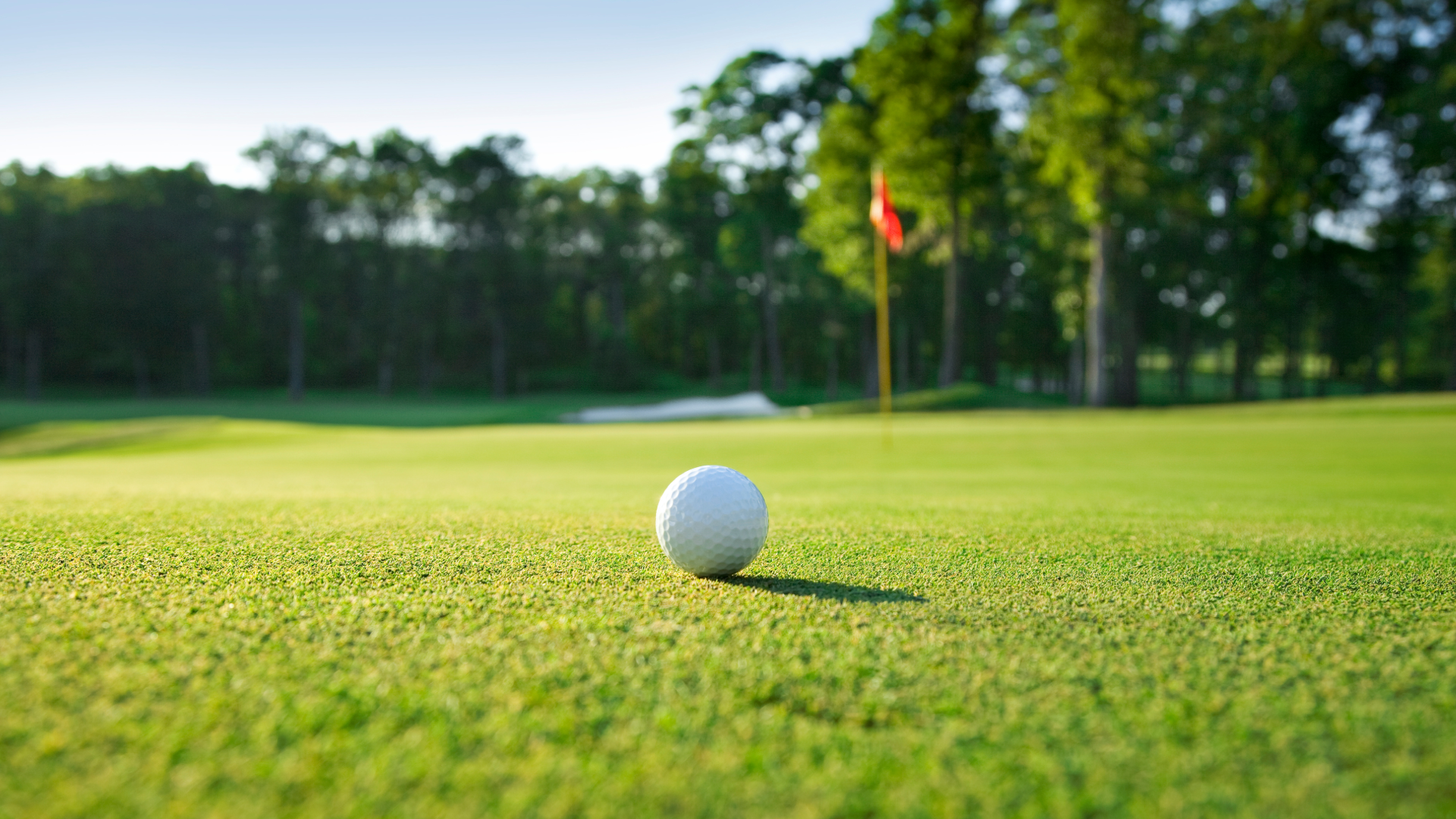 A golf ball on the golf green with a golf flag and hole in the background.